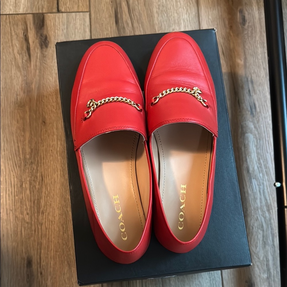Coach Hanna Red Leather Loafers with Chain Detail — gently used with box